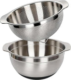 304 Stainless Steel Colander, 2.5 QT Capacity and 2.5 QT Mixing Bowl, Micropore Strainer for Washing Rice, Fruit, and Veggies, Perfect Draining for Cooked Pasta