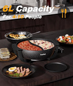 6L Dual-Sided Electric Hot Pot with Cool-Touch Handles, 1100W Adjustable Heat, Hexagonal Non-Stick Interior & Overheat Protection (Wraparound Black Handles)