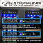 ORYMUSE 24 Inch Dual Zone Wine and Beverage Refrigerator, Built-in or Freestanding Cooler with French Doors, Under Counter Drink Fridge with Upgraded Compressor for Beer, Wine, and Soda