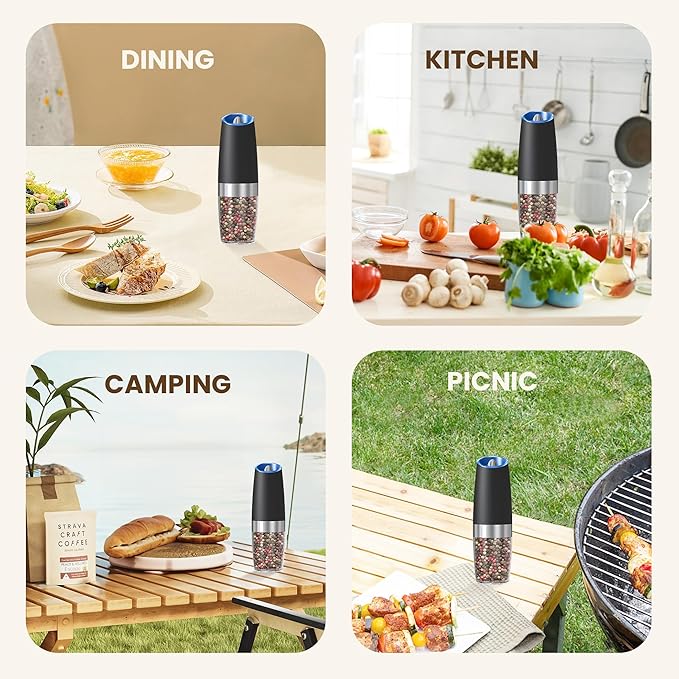 Gravity Electric Salt And Pepper Grinder, Automatic Salt And Pepper Grinder, Battery Powered (6 AAA Batteries Each), Adjustable Roughness, LED Light, 1 Pack, (Black)