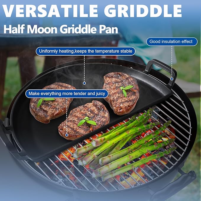 SafBbcue Cast Iron Half Moon Griddle Pan for Weber 22" Kettle Charcoal Grill Parts, Half Moon Cooking Grate for Slow n Sear, VEVOR, Kamado, Big Green Egg 22" Charcoal Kettle Grill Accessories
