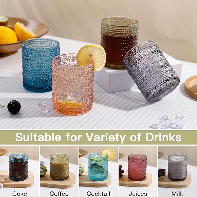 JOVGANK Colored Vintage Hobnail Drinking Glasses Set of 6, Embossed Water Tumbler 12oz, Kitchen & Bar Beaded Glass Cups, Beverage Glass Cups for Water, Beer, Juice, Housewarming and Mother's Day Gift