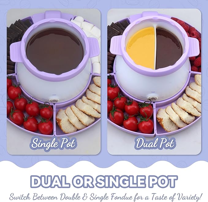 Electric Fondue Pot Set with 2 Pots, Melting Chocolate Warmer for Dipping, Candy & Chocolate Melting Pot, Fondue Pot Electric Set, Fondue Forks Included, 2.5 Cups, Lavender