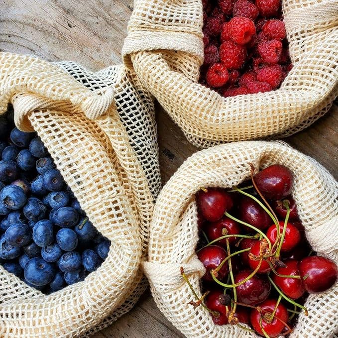 Reusable Mesh Produce Bags - 8 Pack, 100% Organic Cotton Reusable Net Vegetable Bags - Environment-friendly & Washable Fruit, Vegetable & Produce Sacks (2 X Large, 2 Large, 2 Medium, 2 Small)