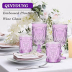 Qinyoung 24 Plastic Vintage Drinking Glasses 8.5oz Stemless Retro Embossed Wine Glasses Shatterproof Reusable Cups for Baby Shower Wedding Reception Grand Event Party (Purple)