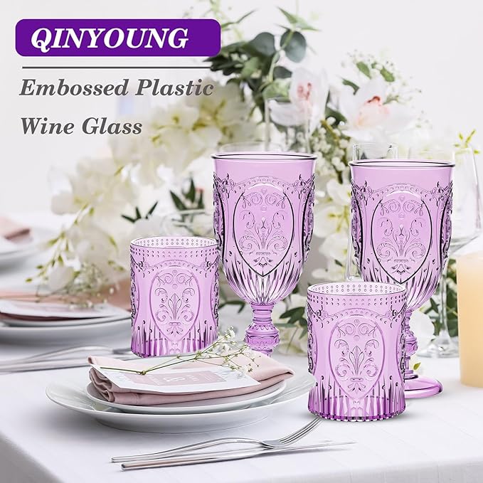 Qinyoung 24 Plastic Vintage Drinking Glasses 8.5oz Stemless Retro Embossed Wine Glasses Shatterproof Reusable Cups for Baby Shower Wedding Reception Grand Event Party (Purple)