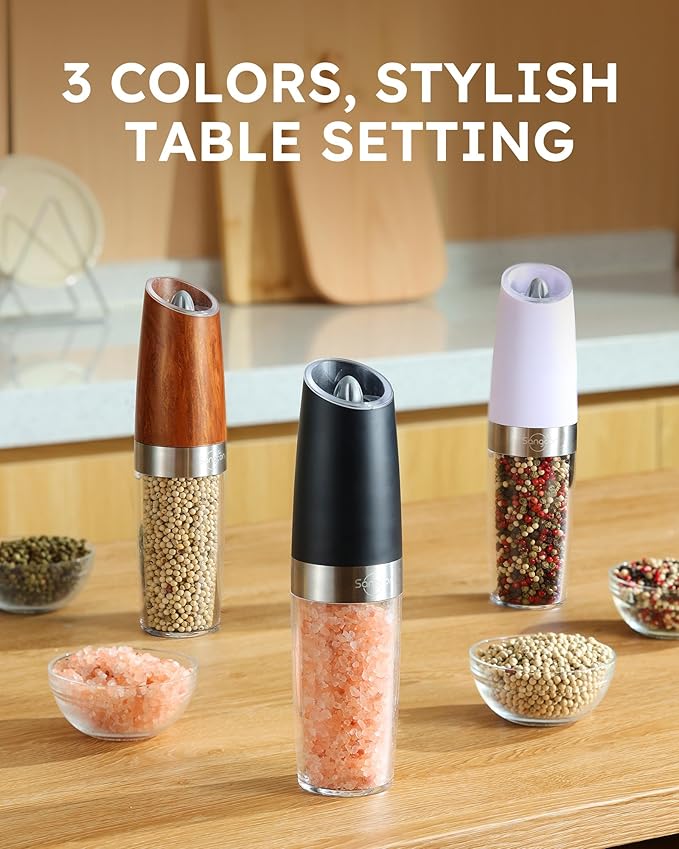 Sangcon Gravity Electric Salt and Pepper Grinder Set Shakers UPGRADED 9OZ XL CAPACITY Battery Powered Refillable Automatic One Hand Operation Adjustable Coarseness Mill Grinder Set for Kitchen