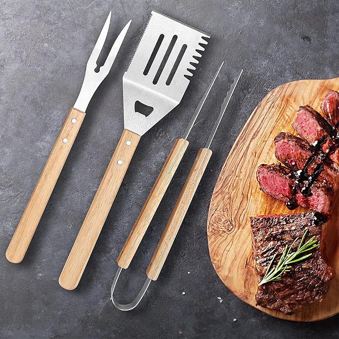Grilling BBQ Tool Accessories Set, 3PCS Stainless Steel Spatula/Tong/Fork with Wood Handle, Barbecue Grill Utensils for Outdoor, Ideal BBQ Set Grilling Tools for Outdoor Camping Housewarming Party