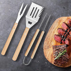 Grilling BBQ Tool Accessories Set, 3PCS Stainless Steel Spatula/Tong/Fork with Wood Handle, Barbecue Grill Utensils for Outdoor, Ideal BBQ Set Grilling Tools for Outdoor Camping Housewarming Party