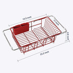 JASIWAY Red in Sink Dish Drying Rack, Expandable Stainless Steel Small Dish Rack Over Kitchen Sink, Plate Drainer Strainer with Cutlery Holder & Cup Holders, Counter Space Saving Wire Dryer Rack