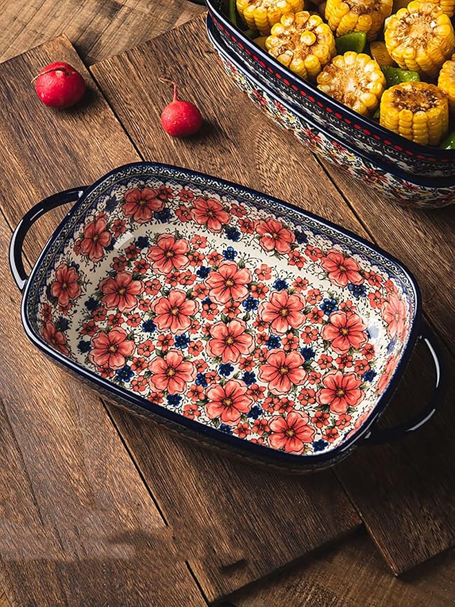 Vintage Style Pottery Bakeware Ceramic Casserole Dish Baking Pan Lasagna Pans Baking Dish with Handles for Oven/Cooking/Kitchen-1 PCS, Large Capacity, 60 OZ