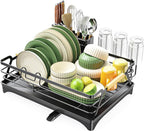Epicano Dish Drying Rack for Kitchen Counter,Space-Saving Dish Rack,Rustproof Dish Drainer with Utensil Holder and Knife Slots for Sink,Kitchen Drying Rack with Wooden Handle and Cup Holder, Black