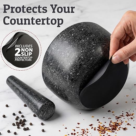 Priority Chef Heavy Duty Large Mortar and Pestle Set, 100% Granite, Non Slip Base, Make Fresh Guacamole, Salsa, Pesto, Stone Grinder Bowl, Herb Crusher, Spice Grinder, 4 Cup - Black