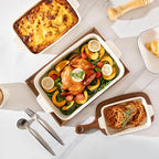 Sweejar Ceramic Baking Dish Set, Cake Baking Dish for Brownie, Porcelain Striped Casserole Dishes for Oven with Handle for Lasagna, Family Dinner(Beige)