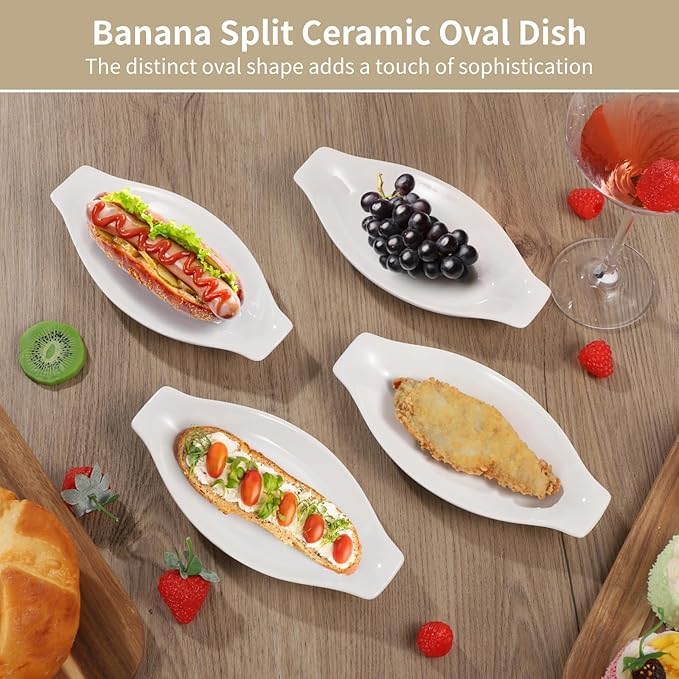 4 Pcs Oval Au Gratin Baking Dishes, Ceramic Banana Split Dish Boats, 8 X 4 In Oval Oven & Microwave Safe Serving Dishes, Mini Casserole Dishes With Handles, Easy To Clean And Stackable