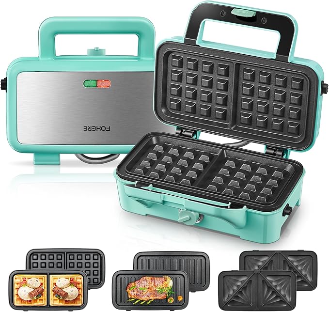 FOHERE Waffle Maker 3 in 1 Sandwich Maker 1200W Panini Press With Removable Plates and 5-gear Temperature Control, Non-stick Coating Easy to Clean,Indicator Lights, Blue