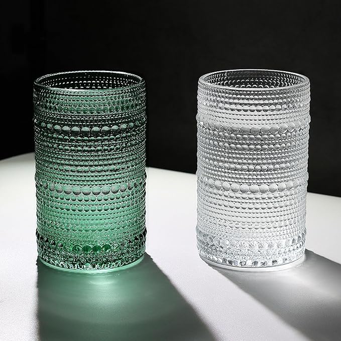 Hobnail-Drinking Glasses 13oz Vintage Glassware Sets Cocktail Juice Glasses Set of 6, Blackish Green