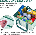 Reusable Grocery Bags (3 Pack) – Heavy Duty Reusable Shopping Bags for Groceries with Box Shape to Stand Up, Stay Open, Fold Flat – Large Tote-Bag is Foldable with Long Handles & Hard Bottom (Green)