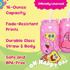 Dragon Glassware x SpongeBob SquarePants 16 oz Drinking Glasses Set of 2 - Glass Cups with Lids and Straws - Iced Coffee Cups with Lids - Reusable Glass Tumbler with Straw and Lid - SpongeBob - Pink