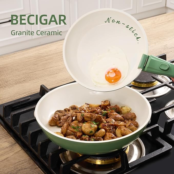 BECIGAR 8PCS Ceramic Cookware,Nonstick Ceramic Pan, Removable Handle Pots and Pans Set, Stackable Set, Nonstick Pan Pots and Pans Set Non Stick pot (Green)