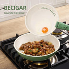 BECIGAR 8PCS Ceramic Cookware,Nonstick Ceramic Pan, Removable Handle Pots and Pans Set, Stackable Set, Nonstick Pan Pots and Pans Set Non Stick pot (Green)