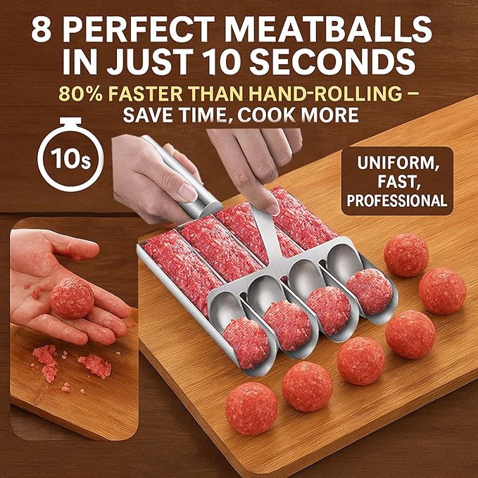 4-in-1 Meatball Maker Tool, 304 Stainless Steel Meatball Scoop & Mold, Makes 4 Uniform Meatballs at Once, Nonstick Release, Dishwasher Safe, for Pasta, Soup, Meal Prep & Party Appetizers