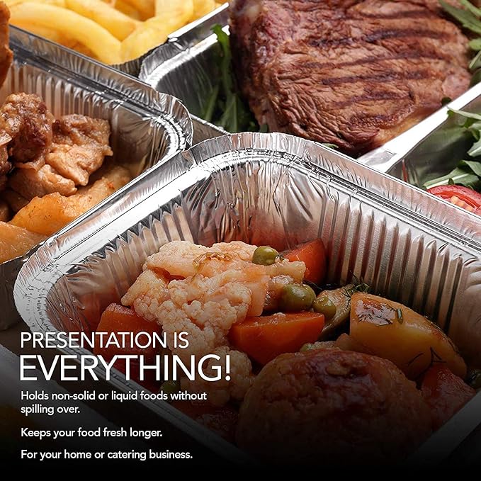 Small Aluminum Pans Take Out Containers (50 Pack) 50 Foil Oblong Pans and 50 Cardboard Lids - 1 Lb Tin Pans - Disposable Food Storage Containers for Cooking, Baking and Meal Prep