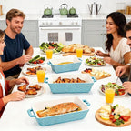 Hacaroa Set of 3 Ceramic Baking Dishes, Rectangular Bakeware with Handles, Elegant Casserole Dish Set Lasagna Pan for Baking, Cooking, Cake Dinner, Banquet, Lake Blue, 3 Sizes