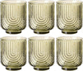 Green Vintage Drinking Glasses Set of 6-15oz Hand-Blown Highball Ribbed Glassware, Arch Design Cocktail Glasses for Whiskey Water Beverages Ice Coffee Juice Milk