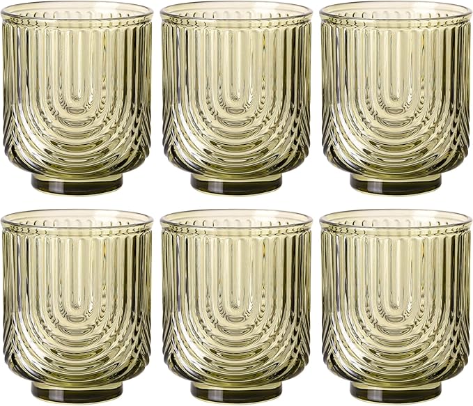 Green Vintage Drinking Glasses Set of 6-15oz Hand-Blown Highball Ribbed Glassware, Arch Design Cocktail Glasses for Whiskey Water Beverages Ice Coffee Juice Milk