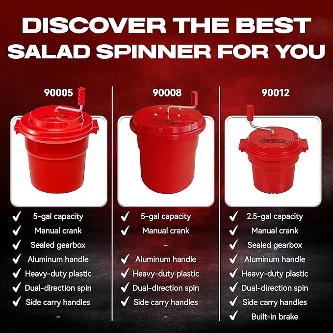 5 Gallon Chef Master Salad Spinner Dryer – Large Capacity, Economy Lettuce Spinner and Fruit Washer Bowl with Strainer - Sealed Gearbox - Fits 5-6 Heads of Lettuce - Durable Spinner Mechanism - 90008