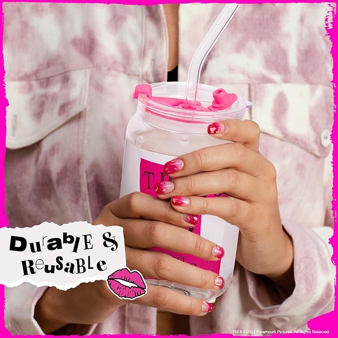 Dragon Glassware x Mean Girls - 16 oz Glass Cups with Lids and Straws, Set of 2 - Iced Coffee Cups with Lids - Versatile Glass Tumbler with Straw and Lid - That's So Fetch & Movie Quotes