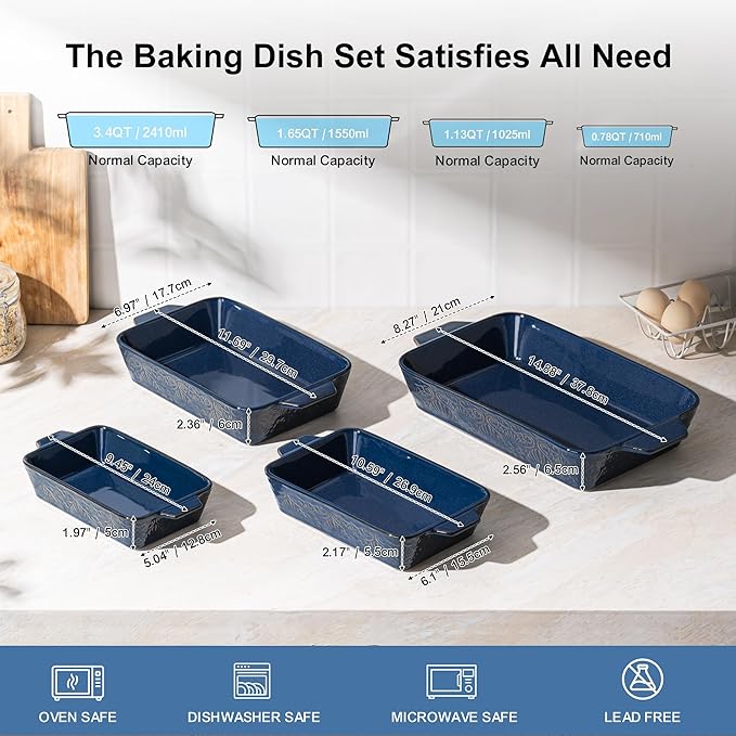 Dafuceramic Casserole Dishes for Oven, Baking Dishes, Ceramic Bakeware Sets of 4, Rectangular Baking Pan Set with Handles for Baking, Casserole, Kitchen, Wedding Gift (Blue)