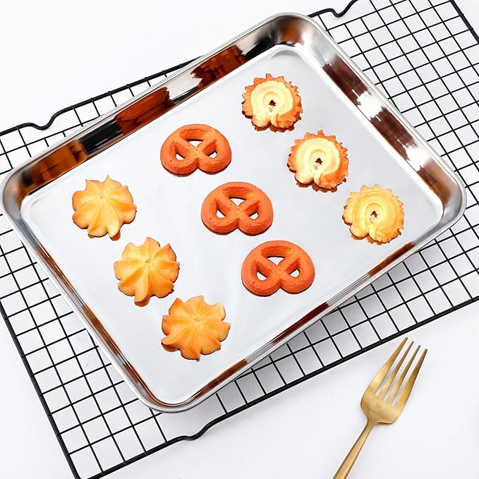 Baking Sheet Pan Set of 4, Stainless Steel Toaster Oven Pans, Small Cookie Sheet,Metal Baking Pan Oven Tray, Easy Clean & Dishwasher Safe, Mirror Surface(10 x 8 x 1 inches