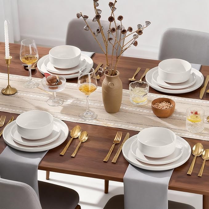 E-far 12-Piece Stoneware Dinnerware Sets, Plates and Bowls Sets for 4, Ceramic Dishware Dishes Set with Terracotta Base, Chip & Scratch Resistant, Microwave & Dishwasher Safe, Speckled White