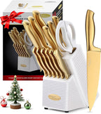 Marco Almond® Gold Knife Set, Knife Block Set MA21,Titanium Coated 14 Pieces Stainless Steel Chef Gold Kitchen Knife Sets with White Block