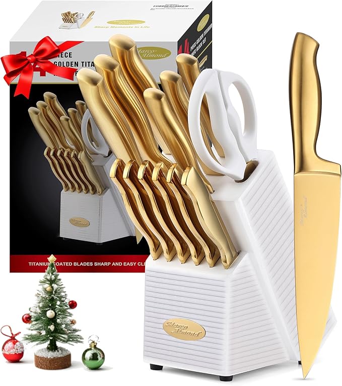 Marco Almond® Gold Knife Set, Knife Block Set MA21,Titanium Coated 14 Pieces Stainless Steel Chef Gold Kitchen Knife Sets with White Block