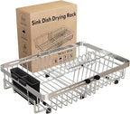 MAJALiS Expandable Stainless Steel Over The Sink Dish Drying Rack for Small Kitchen Counter Space Saving, Compact RV Plate Drainer Strainer in Silver Wire Metal with Hanging Adjustable Utensil Holder