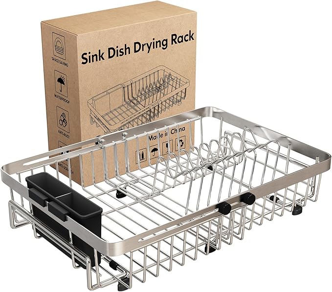 MAJALiS Expandable Stainless Steel Over The Sink Dish Drying Rack for Small Kitchen Counter Space Saving, Compact RV Plate Drainer Strainer in Silver Wire Metal with Hanging Adjustable Utensil Holder