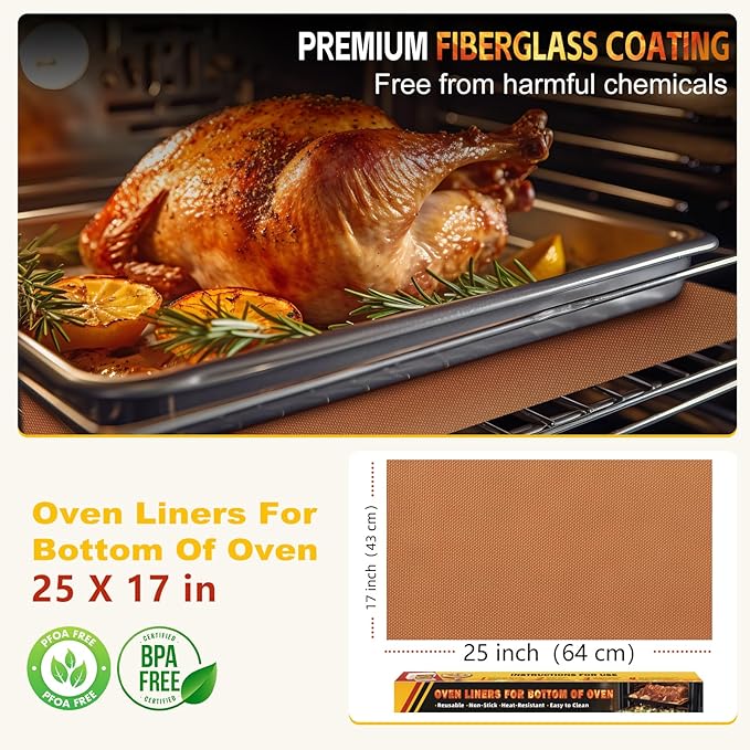 2 Pack Oven Liners for Bottom of Oven, 17"x25" Heavy Duty Non-Stick Oven Liner Mat, Reusable Heat Resistant Grill & Baking Mat, BPA/PFOA Free Roaster Liners, Fits Electric, Gas, Toaster Ovens (Copper)
