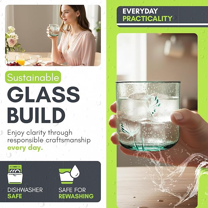 COURONNE CO. Clear Recycled Drinking Glass Tumbler, Perfect for Cocktails, Refreshments & Everyday Use, Restaurant Grade, Crafted without lead-based materials (10.1 Oz, Flora), Pack of 6