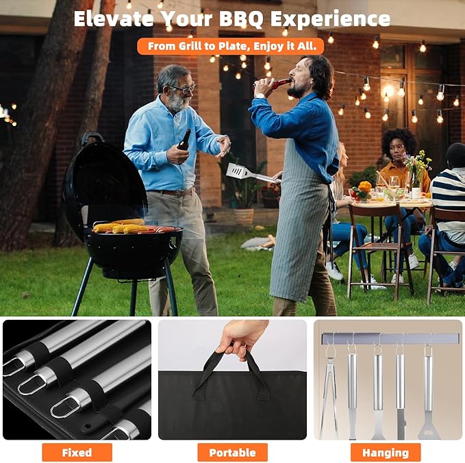 BBQ Grill Accessories, 32Pcs Grilling Gifts for Men Birthday Fathers Day, Heavy Duty Stainless Steel Grill Tool Set, Grill Utensils Kit for Outdoor Grill with Case, Thermometer & Meat Injector