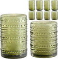 ZMOWIPDL Vintage Hobnail Drinking Glasses Set of 8,Green 12 oz & 15oz Highball Glass Cups, Kitchen Drinkware Glassware,Embossed Water Tumbler,for Beer,Cocktail,Whiskey,Juice and Various Mixed Drinks