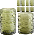 ZMOWIPDL Vintage Hobnail Drinking Glasses Set of 8,Green 12 oz & 15oz Highball Glass Cups, Kitchen Drinkware Glassware,Embossed Water Tumbler,for Beer,Cocktail,Whiskey,Juice and Various Mixed Drinks