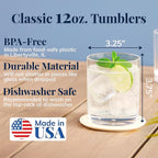 US Acrylic Classic Clear Plastic Reusable Drinking Glasses (Set of 6) 12oz Rocks Cups | BPA-Free Tumblers, Made in USA | Top-Rack Dishwasher Safe