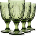 Vintage Green Stemmed Goblets Set of 4, Fern Embossed Textured Glass Wine Goblets, Retro Boho Colored Stemware, Decorative Drinking Glasses for Water, Wine & Cocktails, Vintage Glassware Gift Set
