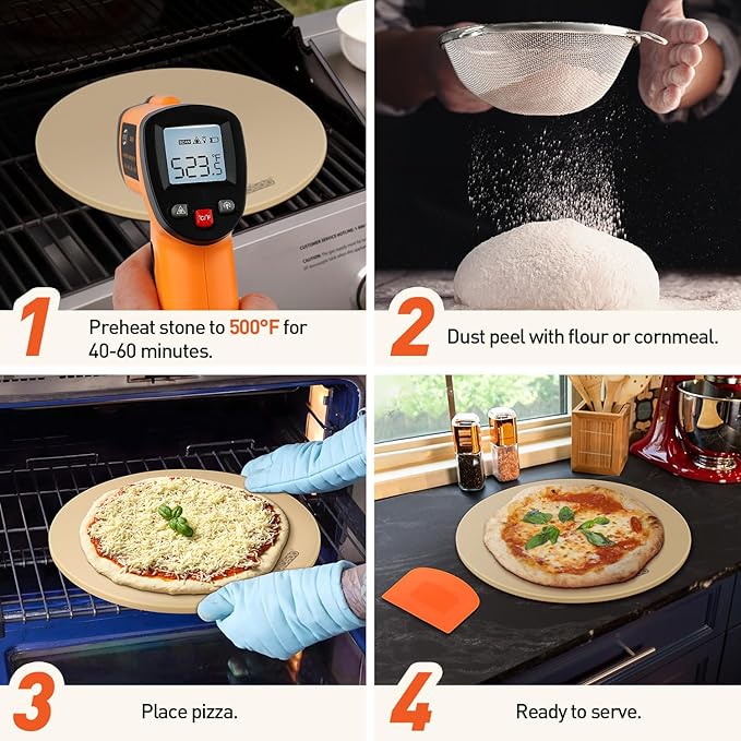 Arcedo Pizza Stone for Oven 16 Inch, Round Baking Stone for Bread Thermal Shock Resistant BBQ Grilling Pizza Pan Cordierite Cooking Pan With PE Scraper