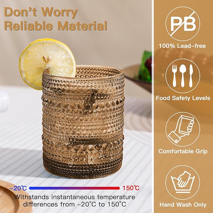 JOVGANK Brown Vintage Hobnail Drinking Glasses Set of 6, Embossed Water Tumbler 12oz, Kitchen & Bar Beaded Glass Cups, Beverage Glass Cups for Water, Beer, Juice, Housewarming and Mother's Day Gift