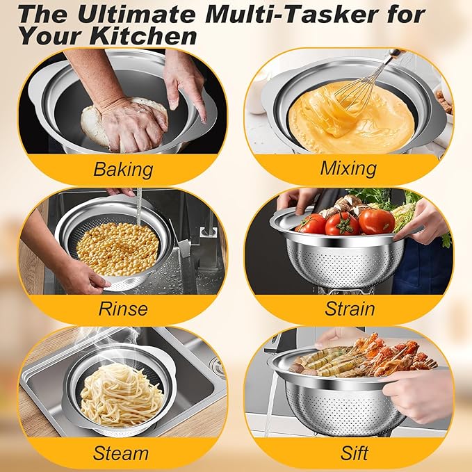 Stainless Steel Colander, 3Pcs Strainer for Kitchen Food with Handle Kitchen Gadget Food Strainer Basket for Washing Vegetables, Fruits, Rice, and Pasta, (2+2QT Colander + 3QT Mixing Bowl)