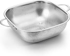 E-far 4QT Square Stainless Steel Colander - Metal Strainer with Handle for Draining Pasta & Vegetables, Micro-Perforated & Elevated Feet, Dishwasher Safe